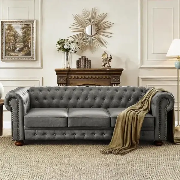Leather Chesterfield Sofa with Button Tufted & Rolled Armrests,