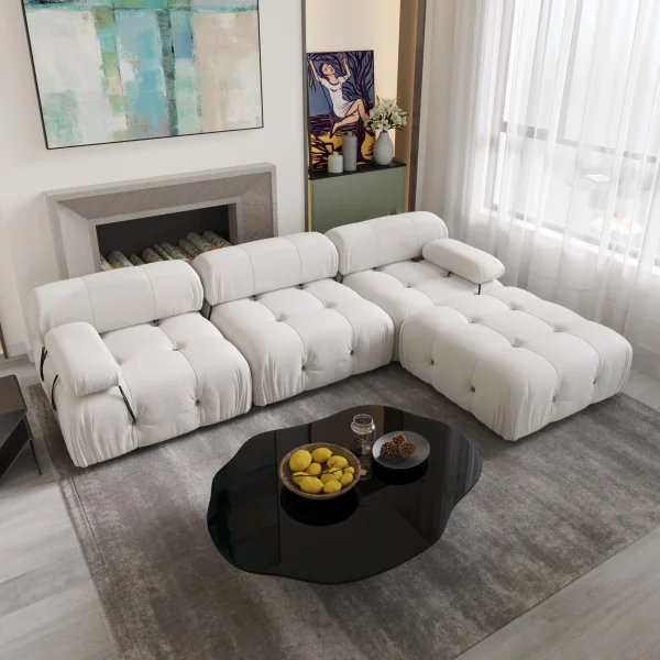 Velvet Sectional Sofa L-Shaped with Reversible Ottoman