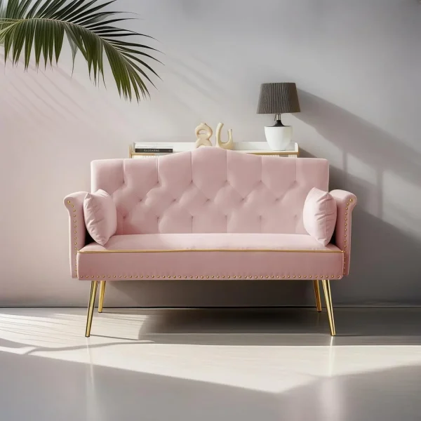 Pink 55-inch Velvet Loveseat Sofa with Gold Legs & Tufted Backrest,